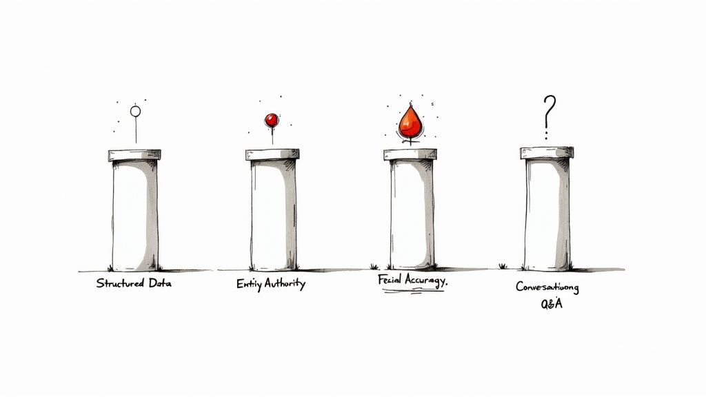 Four sturdy pillars holding up a modern, digital structure, symbolizing the AEO strategy.