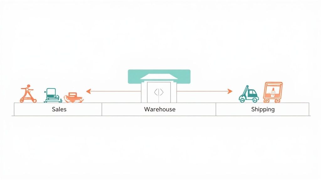 A simple workflow diagram illustrates the process from Sales to Warehouse to Shipping with icons and arrows.