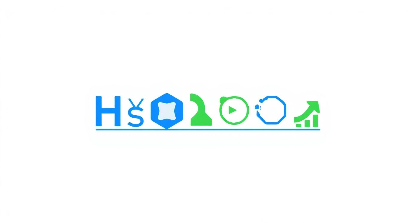 A row of diverse blue and green icons, including text HŠ, geometric shapes, a play button, and a growth chart.