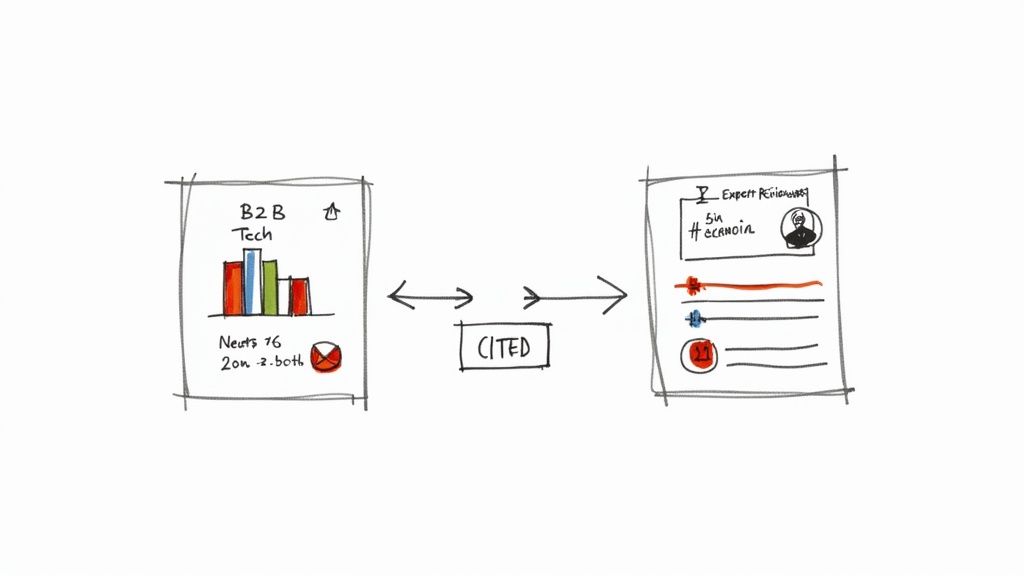 Diagram showing B2B tech analytics dashboard connected to expert profile citations and engagement metrics