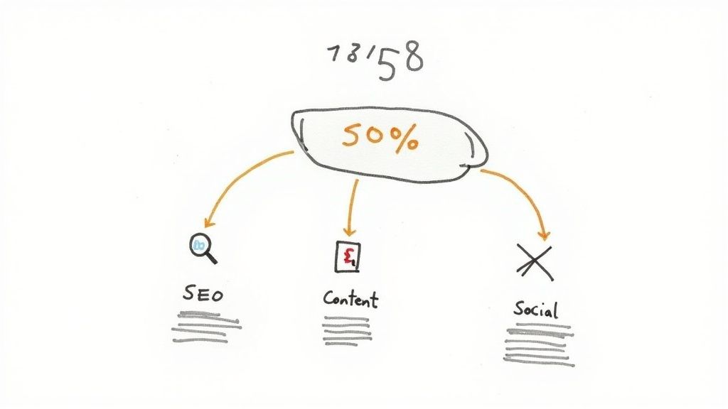 A handwritten diagram showing 50% split across SEO, Content, and Social strategies.