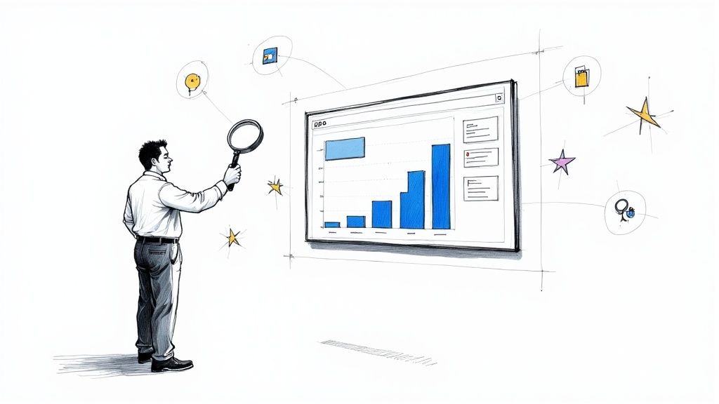 Illustration showing various digital marketing channels like social media, search engines, and video platforms converging towards a central brand logo.