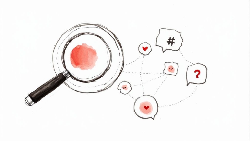 Magnifying glass examining social media engagement with hearts, hashtags, and question marks illustration