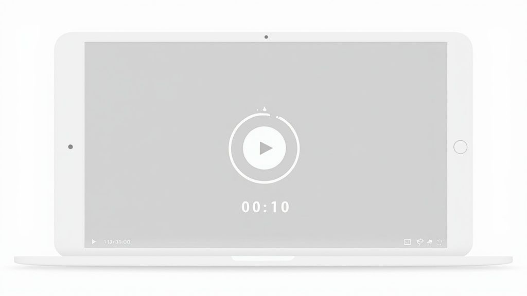 A white tablet displays a video player interface with a central play button, loading animation, and a 00:10 timer.