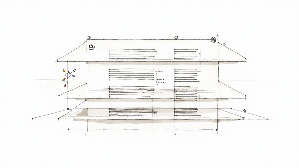 Hand-drawn architectural elevation of a tiered building with shaded elements and a decorative mobile.
