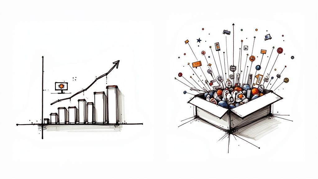 Marketers collaborating around a whiteboard with charts, illustrating a discussion on share of voice strategy.