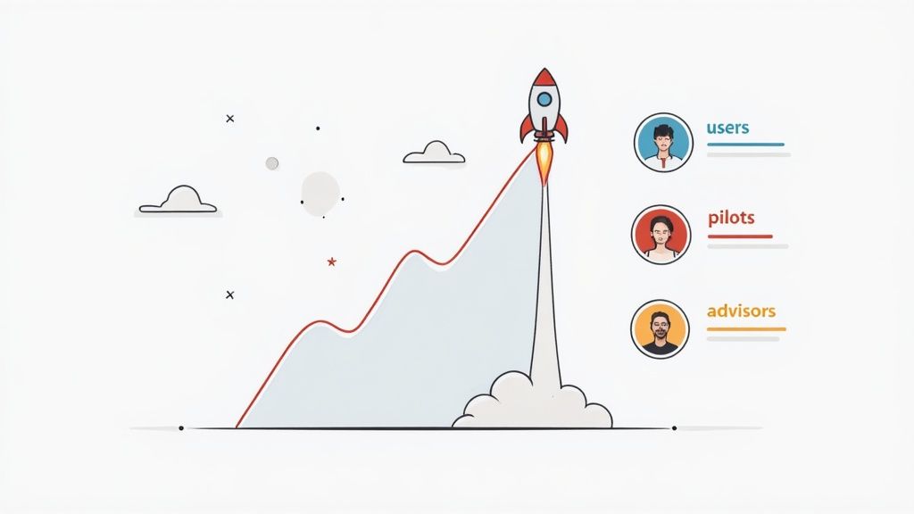 Rocket launch illustration showing startup growth trajectory with users, pilots, and advisors team roles