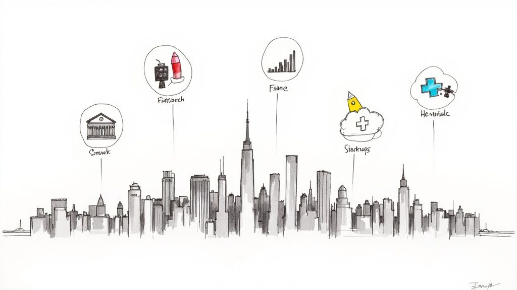 A bustling New York City street with yellow cabs and skyscrapers, symbolizing the city's dynamic job market.