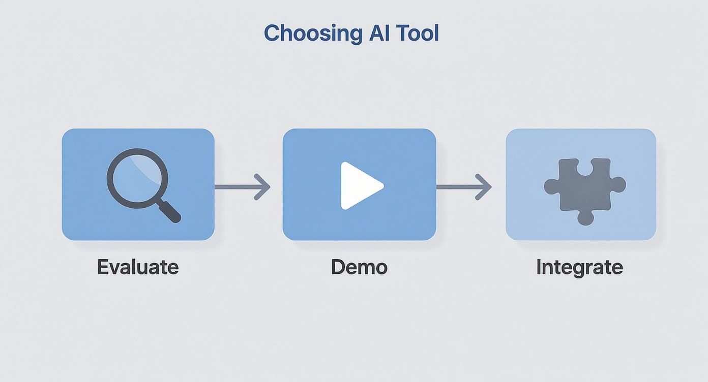 Infographic showing a three-step process flow for choosing an AI tool: Evaluate, Demo, Integrate.