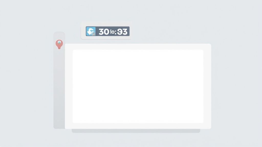 A minimalist digital interface with a white presentation slide, a red pin, and a timer displaying '30 io: 93'.