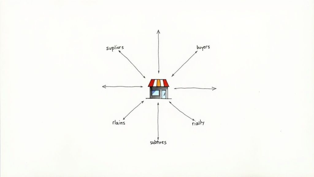 Business store diagram showing competitive forces including suppliers, buyers, rivalry, substitutes, and new entrants