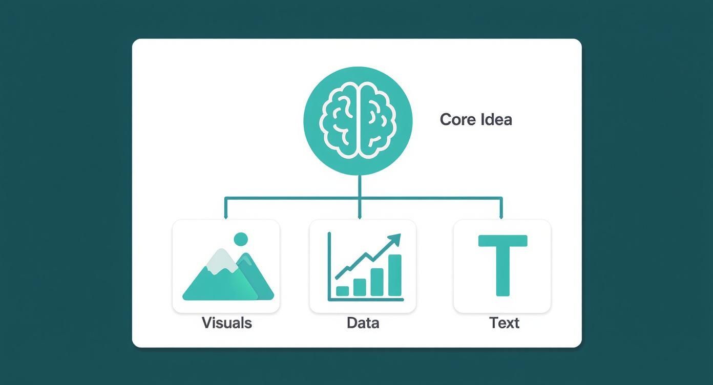 A concept diagram illustrating a core idea branching into visuals, data, and text components.