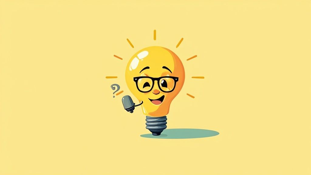Cartoon light bulb character wearing glasses holding microphone with question mark symbolizing curiosity