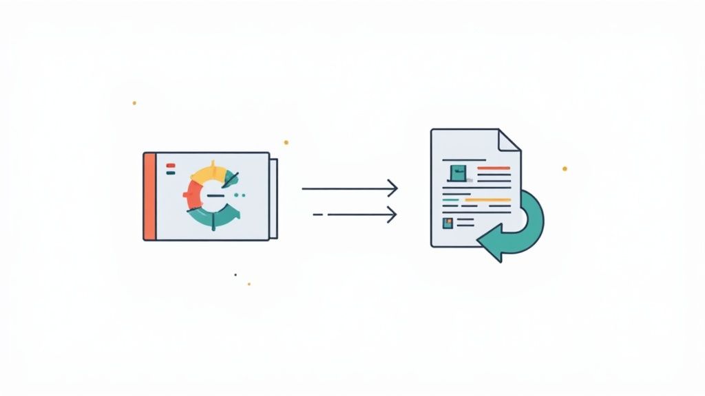 An illustration showing data visualization transforming into a document with a refresh cycle.