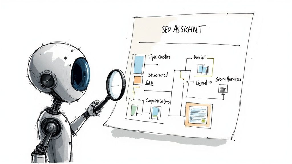 Diagram showing how AI tools can assist with various SEO tasks.