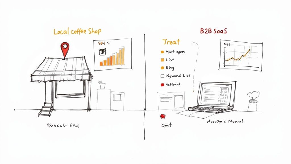 Illustration comparing local coffee shop and B2B SaaS SEO strategies with share of voice and keyword data.
