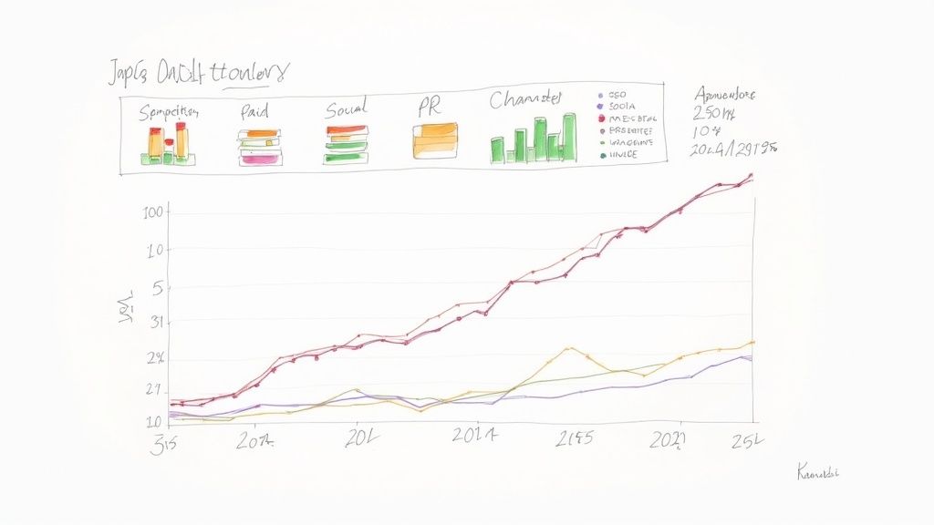 Hand-drawn chart illustrating market share of voice by channel over time, with various contribution metrics.