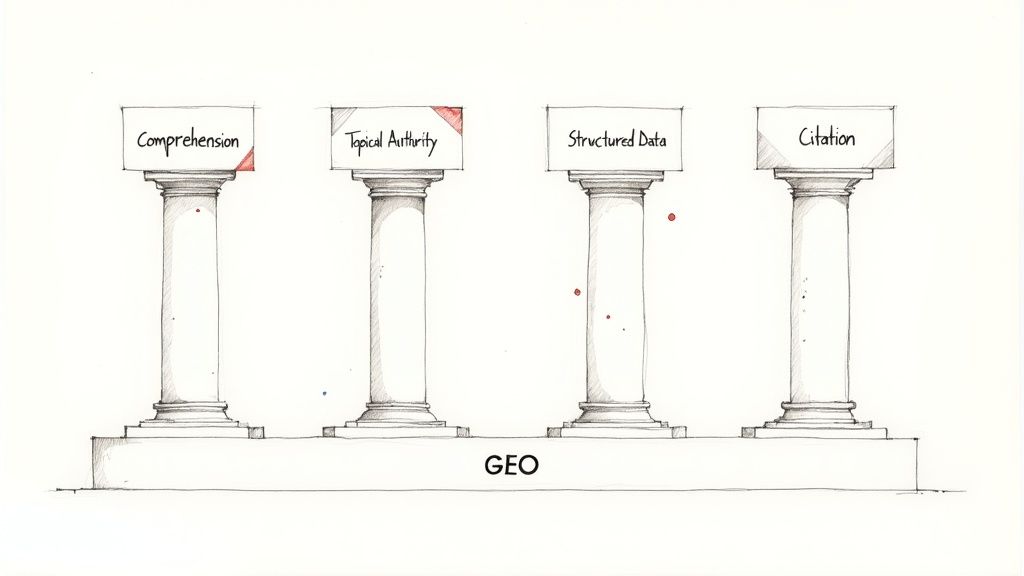 Four gears labeled with the four pillars of GEO strategy