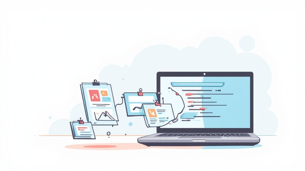 A laptop connected to various documents with charts and text, symbolizing data processing and automation.