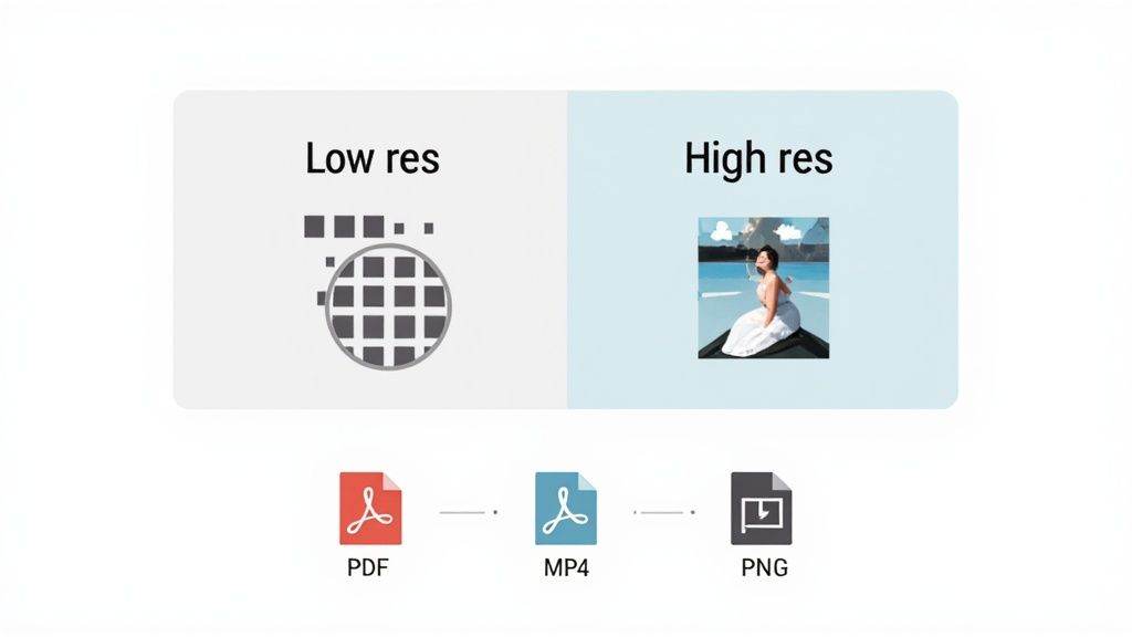 Image illustrating low versus high resolution and a file conversion flow from PDF to MP4 to PNG.