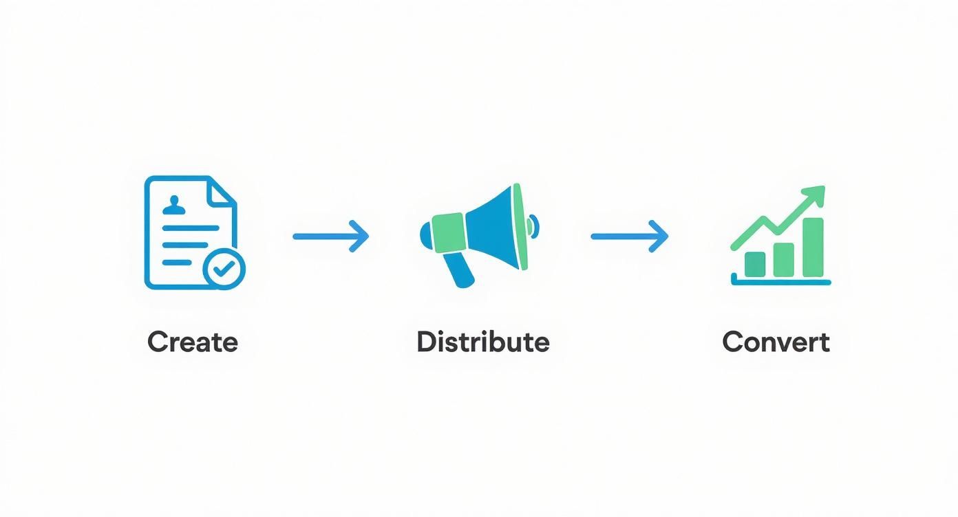 A three-step diagram showing content creation, distribution via megaphone, and conversion with a growth chart.