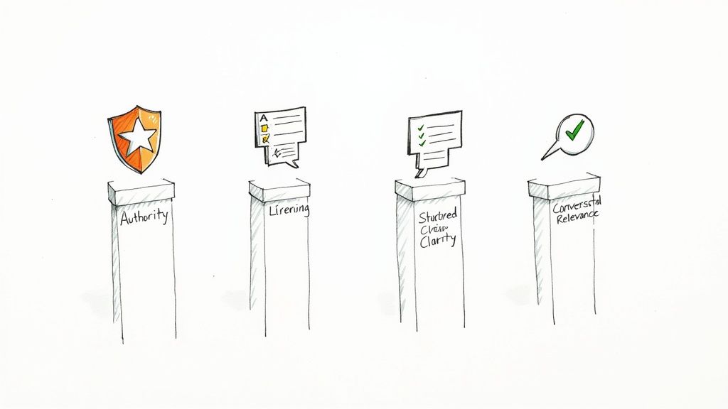 An image showing four columns, representing the pillars of authority, clarity, accuracy, and relevance, holding up a structure labeled "AI Search Visibility".