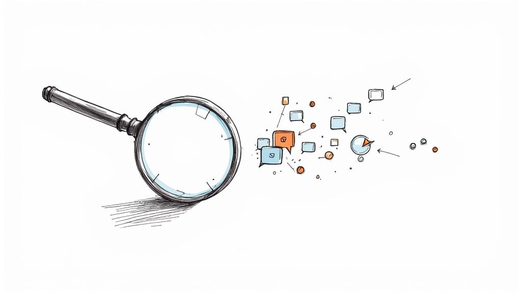 Magnifying glass examining scattered data icons and analytics symbols representing search analysis
