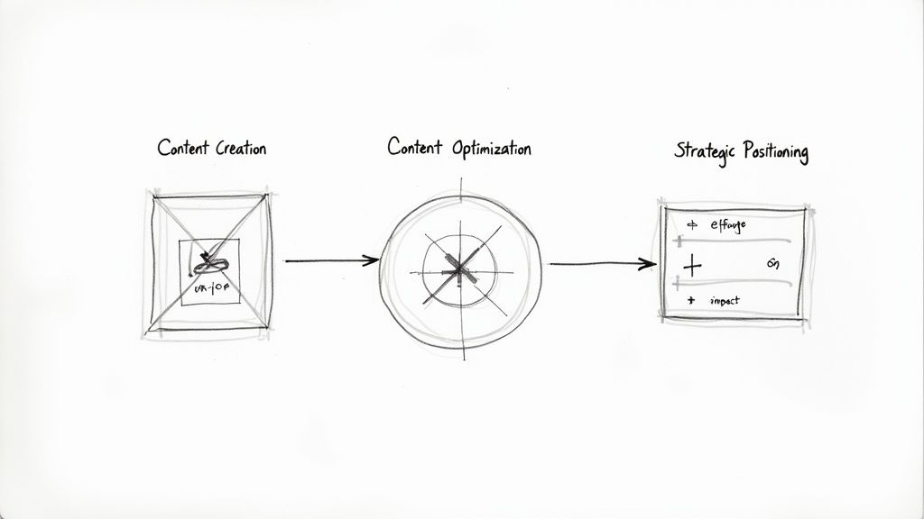 Hand-drawn diagram illustrating a marketing workflow: content creation, content optimization, and strategic positioning.