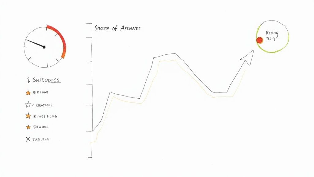 An analytics dashboard showing metrics like 'Share of Answer' and 'Citation Quality' for AI search visibility.