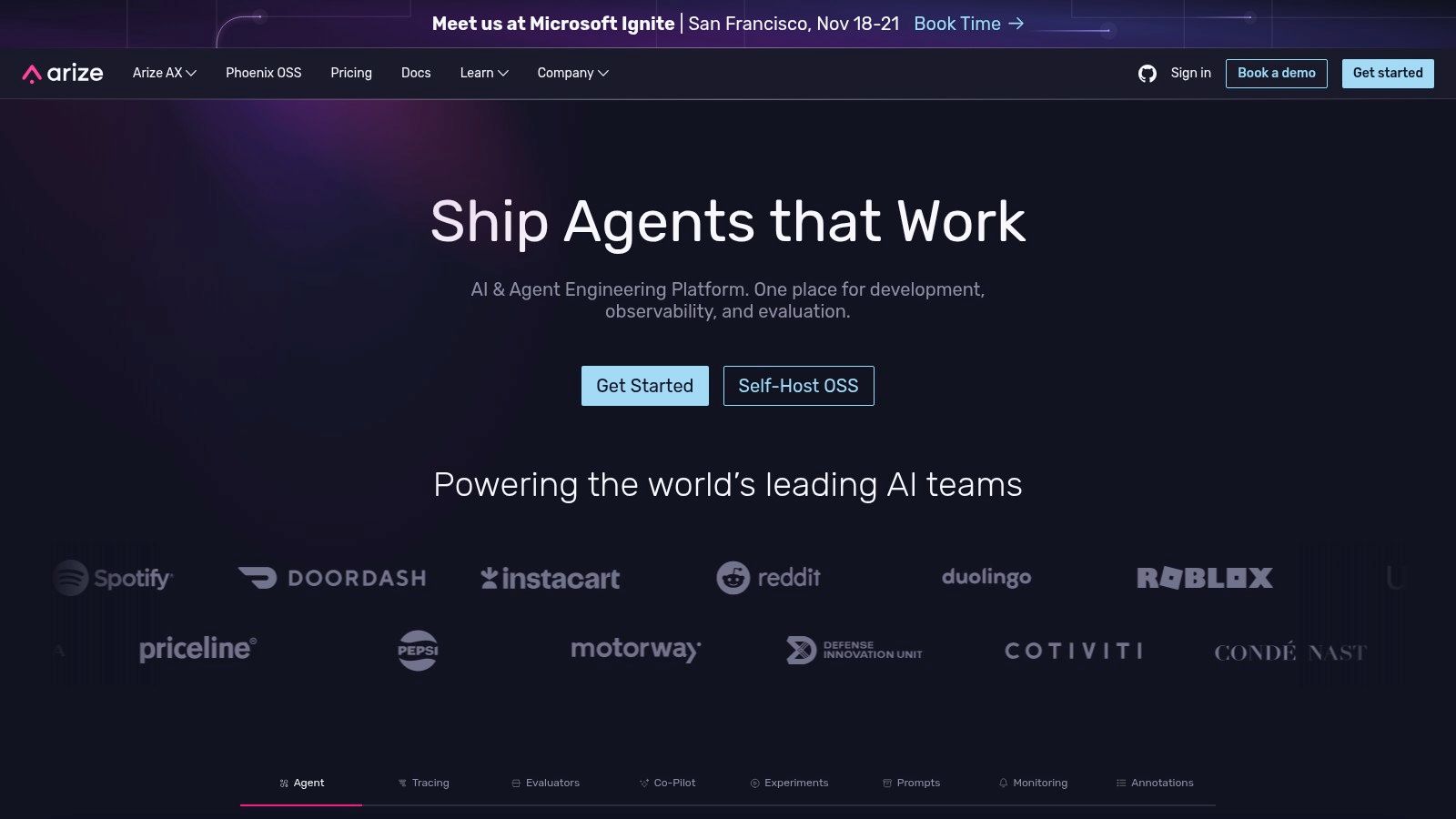 Arize platform showcasing detailed traces and performance evaluations for LLM applications.