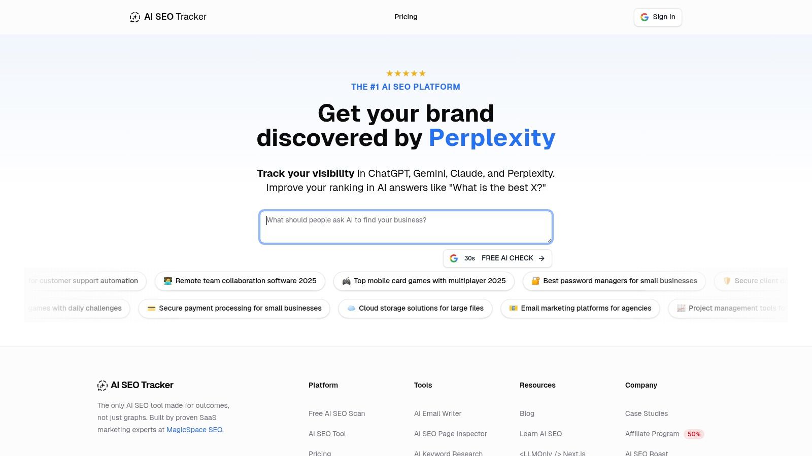 AI SEO Tracker dashboard showing AI share of voice and competitive gaps