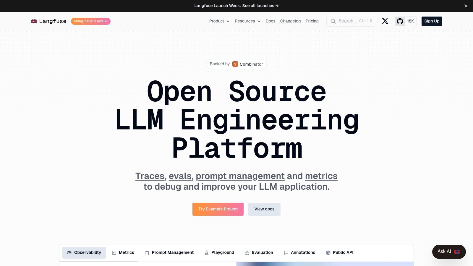 Langfuse dashboard showing LLM tracing data with metrics for latency, cost, and token usage.