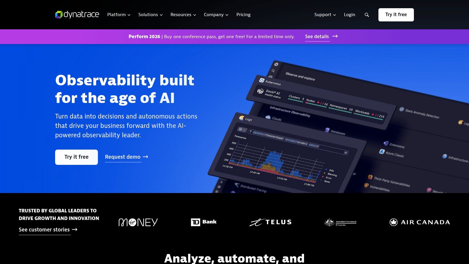 Dynatrace dashboard showcasing AI-powered observability features, with graphs and metrics for application performance and infrastructure health.