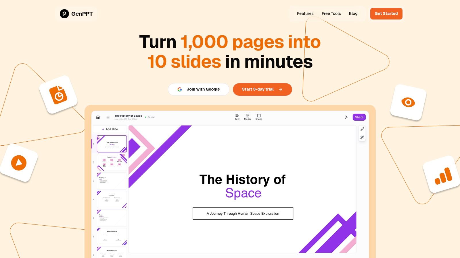 An example of the GenPPT interface, showing AI-generated slides for a business presentation.