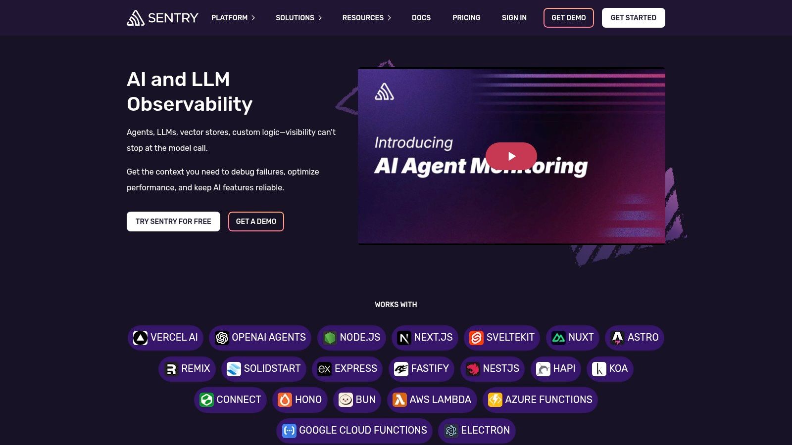 Sentry dashboard showcasing LLM monitoring with traces, spans, and token usage details.