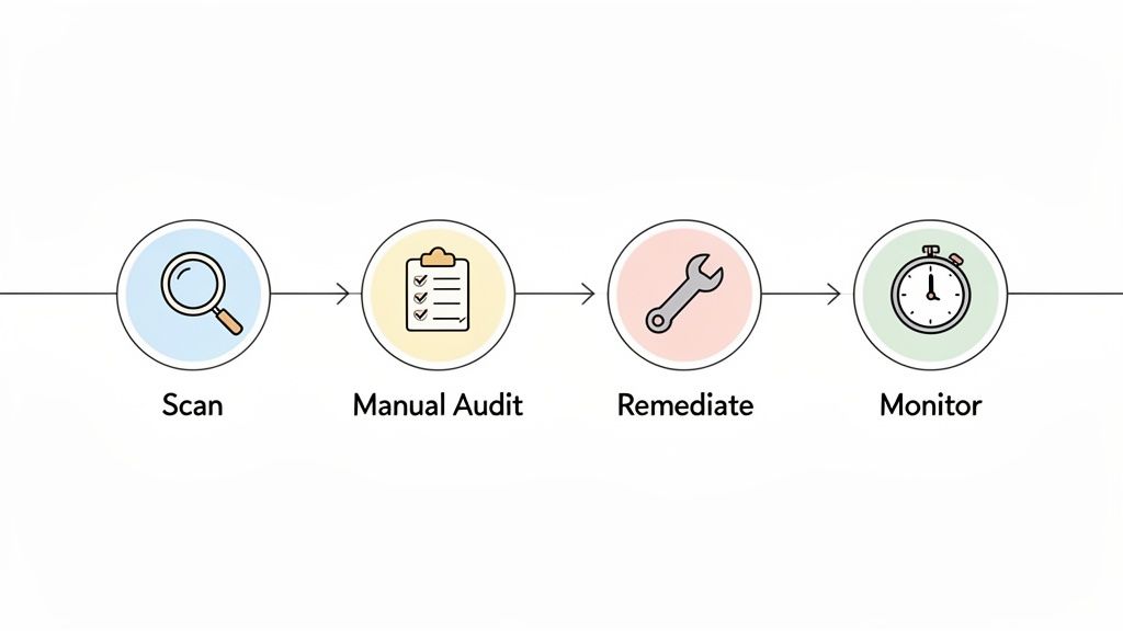 A compliance workflow diagram illustrating four stages: Scan, Manual Audit, Remediate, and Monitor.