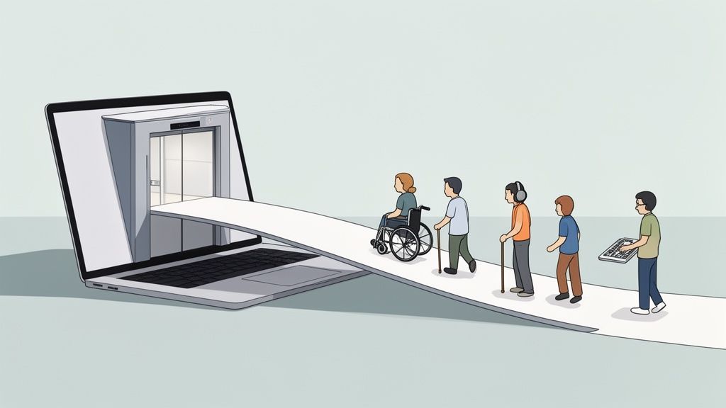 Diverse people, including a wheelchair user, walk up a ramp into a laptop screen with an elevator, symbolizing digital accessibility.