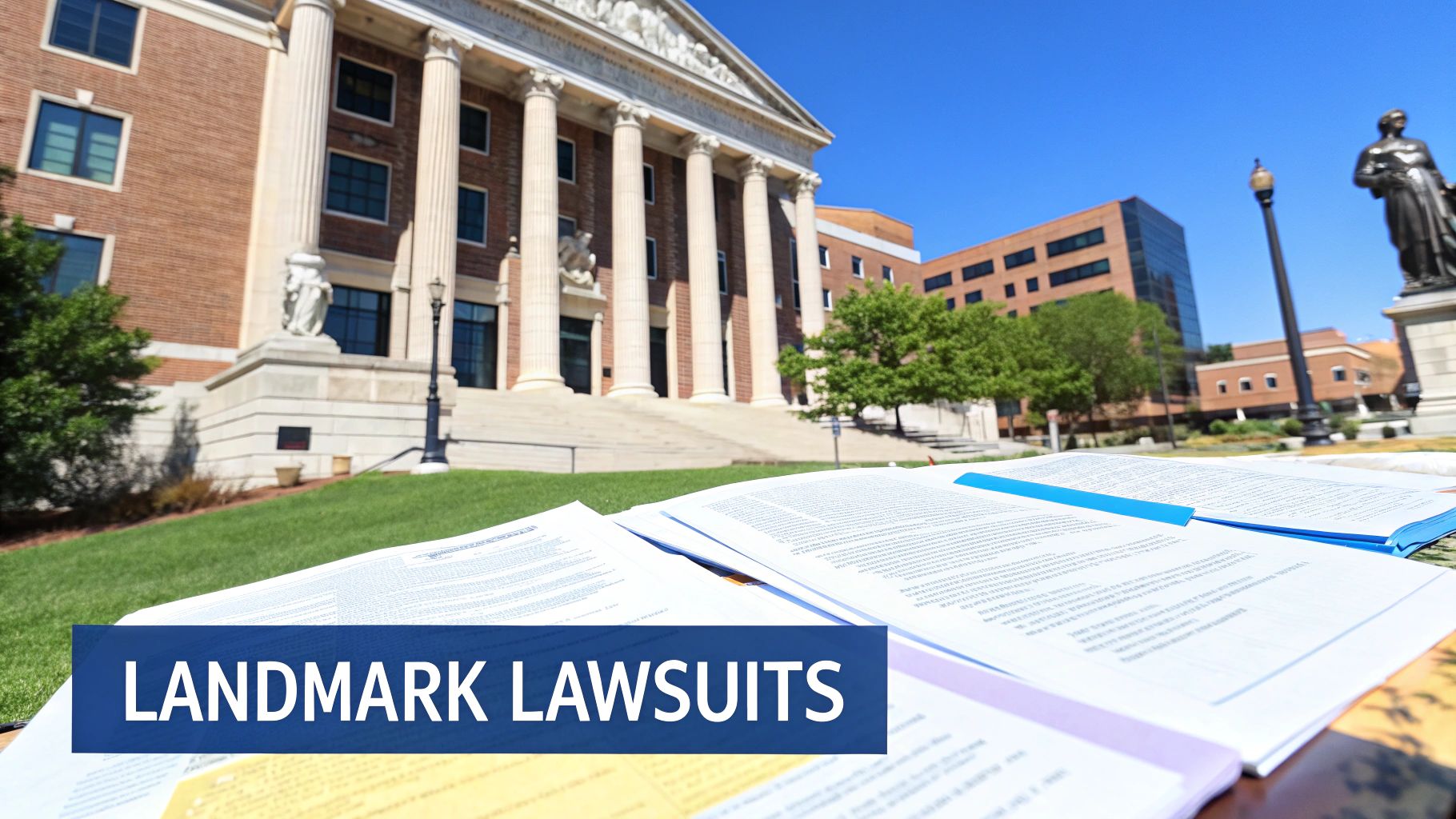A graph showing a steep upward trend, representing the increase in lawsuits, superimposed over a blurred website background.