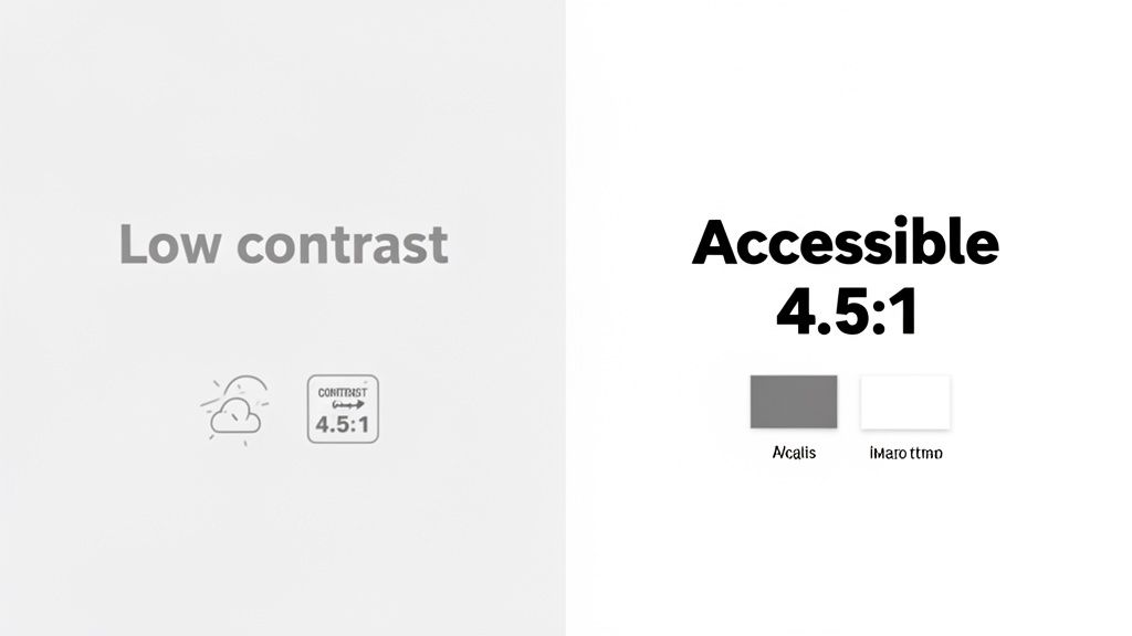 A visual comparison demonstrating low contrast text versus accessible text with a 4.5:1 contrast ratio.