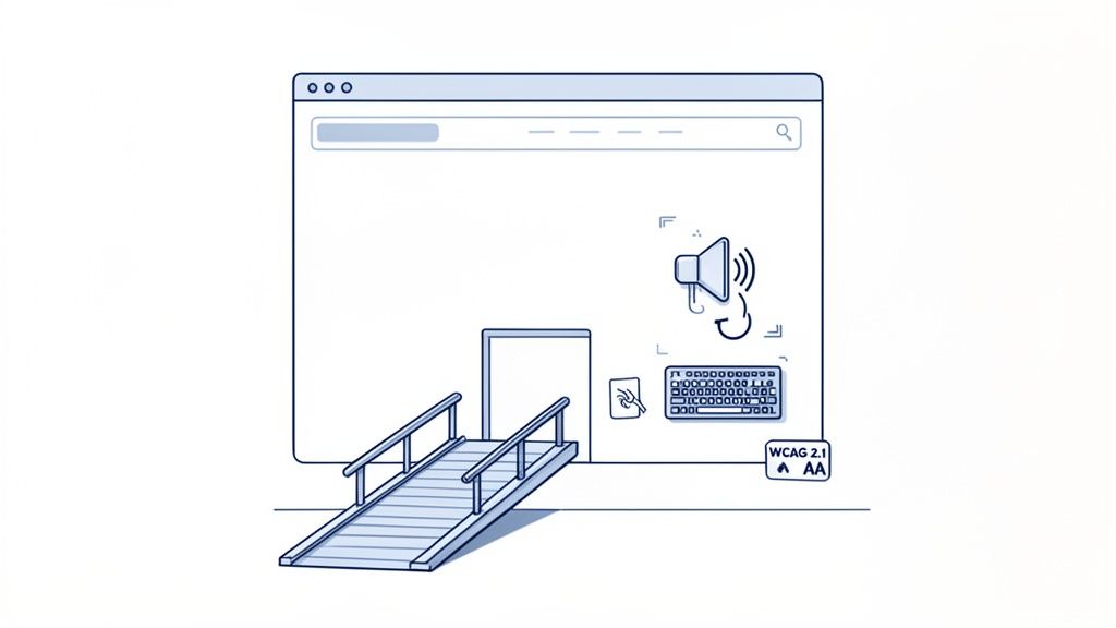 Illustration showing a web browser with a ramp, doorway, speaker, keyboard, and WCAG 2.1 AA badge, symbolizing digital accessibility.