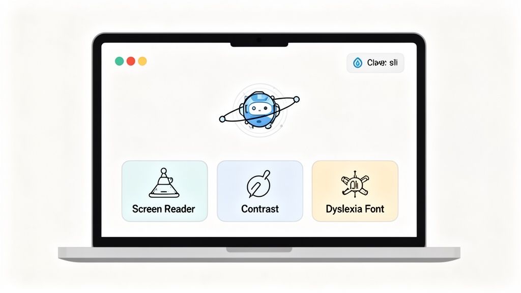 Laptop screen showing accessibility features: Screen Reader, Contrast, and Dyslexia Font options for digital inclusivity.
