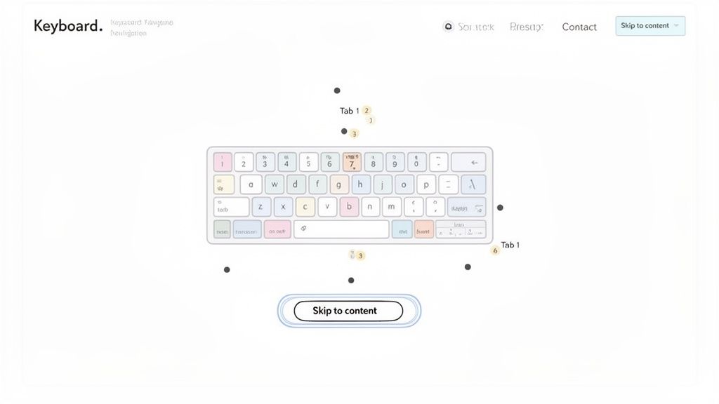 A website displaying a keyboard navigation guide with numbered steps and a 'Skip to content' button.