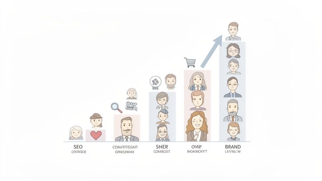 Illustration of a customer journey funnel with stylized people progressing through SEO, engagement, conversion, and brand loyalty stages.