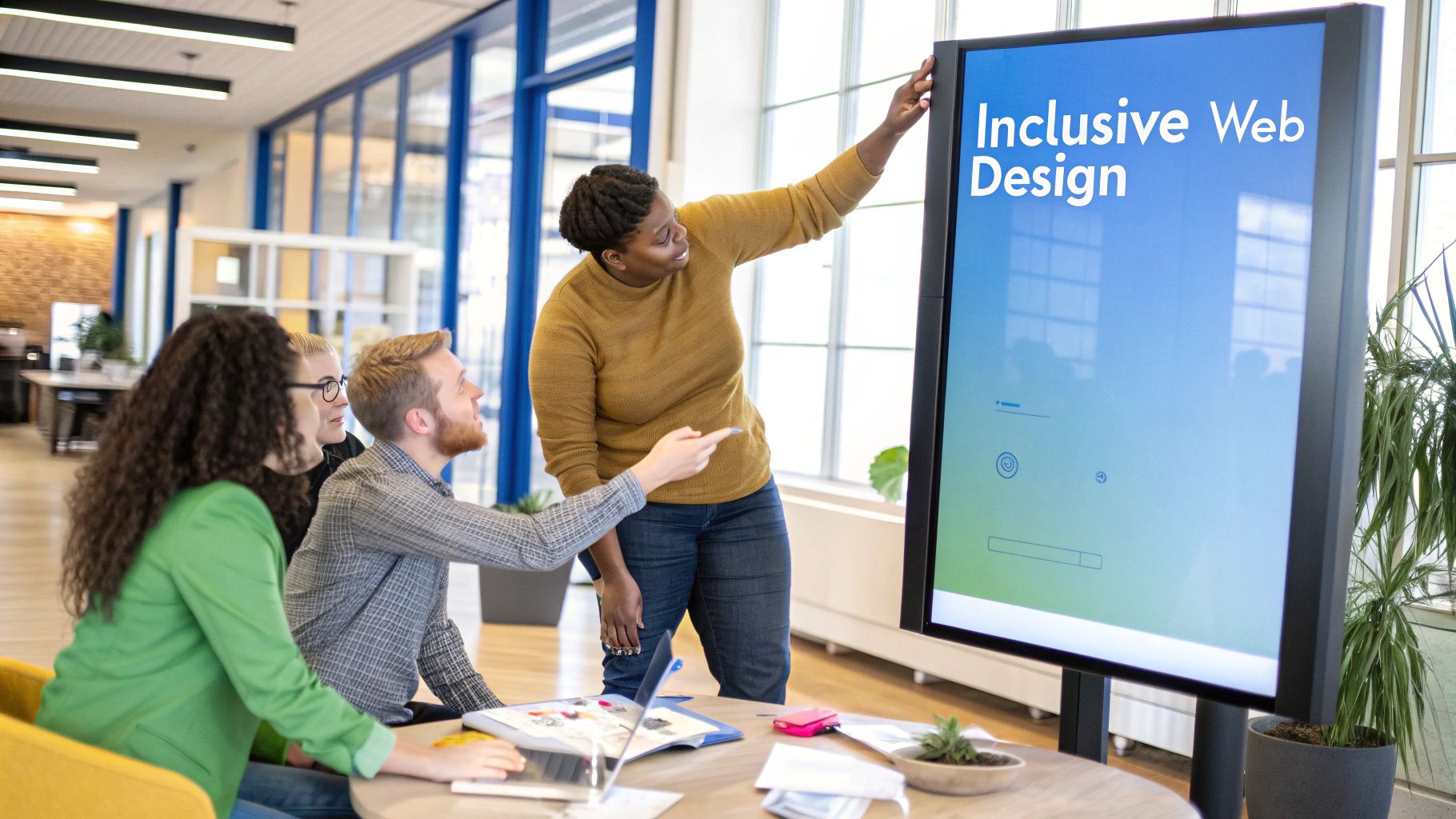 A person using a laptop with accessibility icons floating around it, representing an inclusive digital experience.