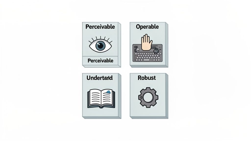 Four cards illustrating the WCAG principles: perceivable, operable, understandable, and robust, with corresponding icons.