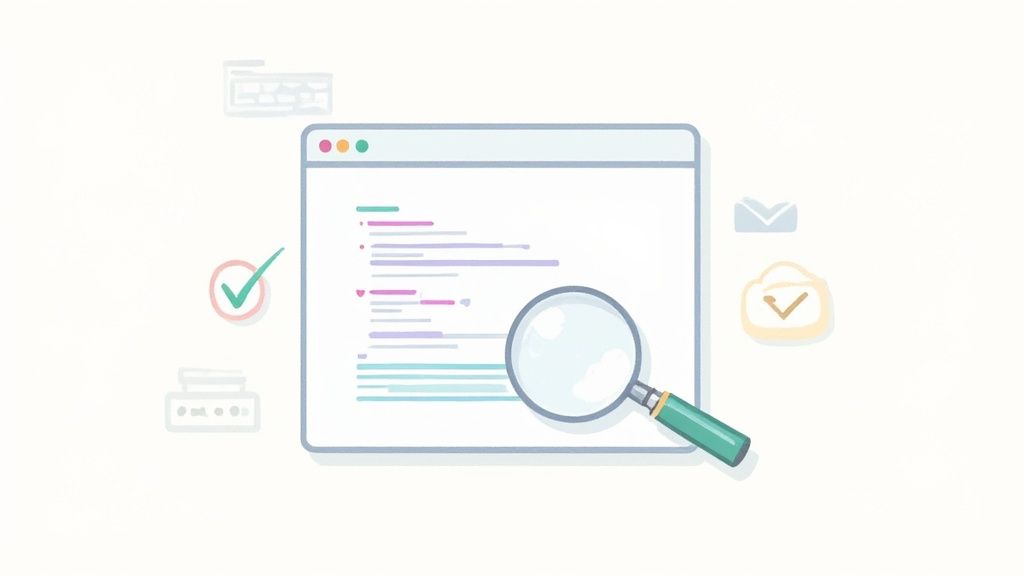 Browser window with code and magnifying glass representing automated accessibility testing and quality assurance