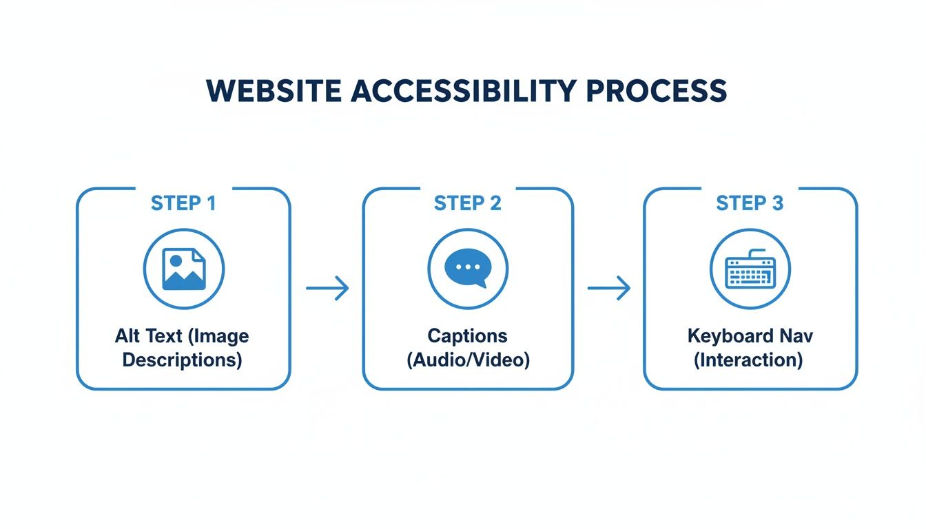 A diagram illustrating a three-step website accessibility process: Alt Text, Captions, and Keyboard Navigation.