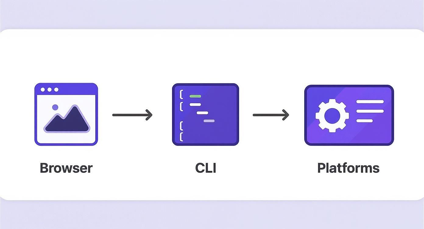 Workflow diagram showing browser to CLI to platforms progression for automated testing integration