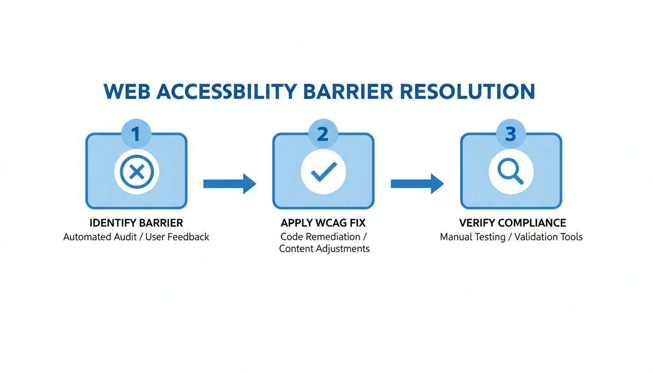 Diagram illustrating a three-step web accessibility barrier resolution process: identify, fix, and verify.
