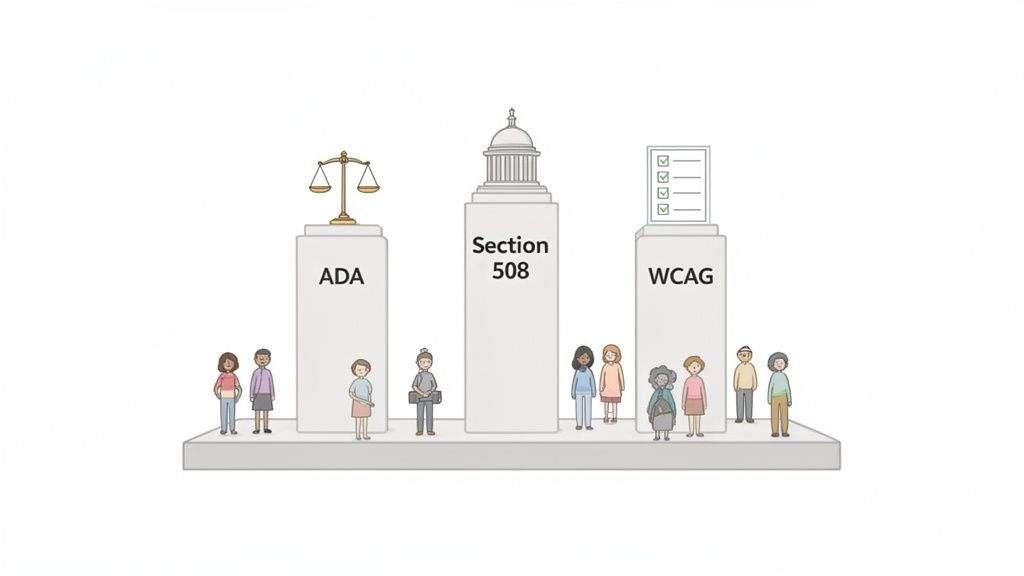 Illustration of three accessibility pillars: ADA, Section 508, and WCAG, with diverse people.